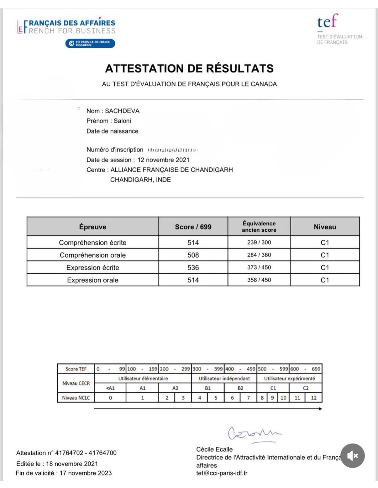 Saloni's TEF Result